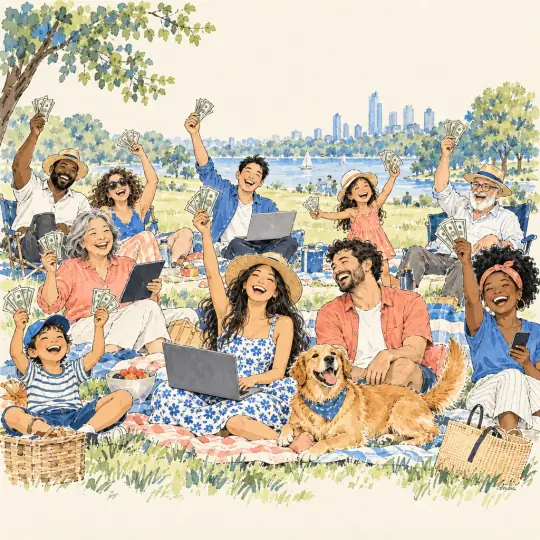 Sketch of a big, happy crowd at a park picnic cheering and waving money, with laptops, phones and a dog.