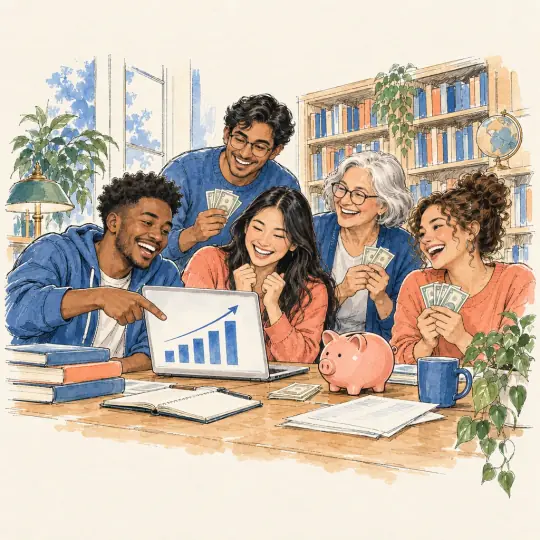 Sketch of a study group in a library corner, one showing a rising bar chart on a laptop while the others grin and hold money.
