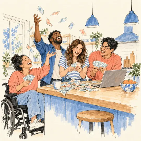 Sketch of friends in a bright kitchen, one in a wheelchair, laughing while counting banknotes next to an open laptop.